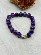 Amethyst stretch bracelet with stainless steel Buddha charm – 10mm natural beads, 6cm inner diameter – purple crystal bracelet for calm, intuition and protection – Inspired By 3 Crystals Australia.