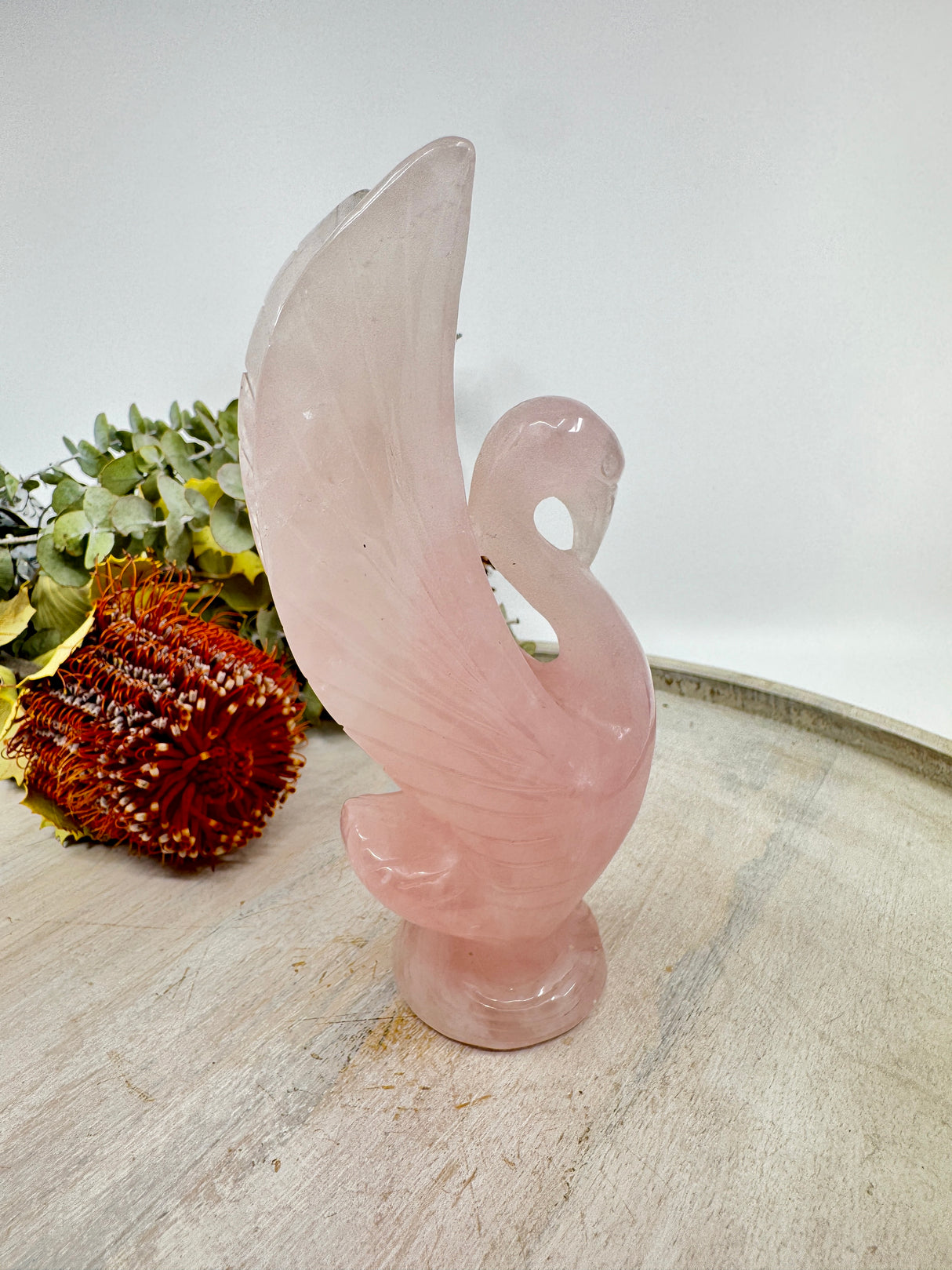Rose Quartz swan carving 568g 18x8cm – soft pink crystal symbol of love, grace and emotional healing – Inspired By 3 Crystals Australia.
