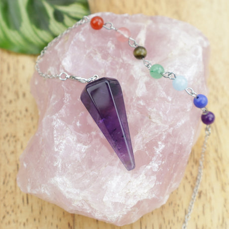 Amethyst crystal pendulum with chakra bead chain for intuition protection and spiritual dowsing