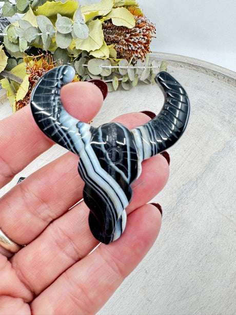 Black Banded Agate Ox carving 25g 6x5cm – layered black and white grounding crystal symbol of strength and protection – Inspired By 3 Crystals Australia.