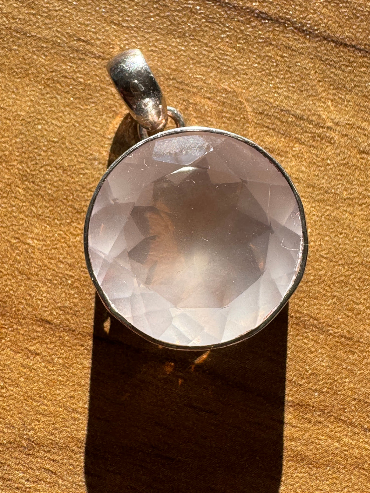 Rose Quartz Round Faceted Silver Pendant - Love & Peace