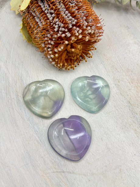 Rainbow Fluorite heart worry stone 4x4cm with thumb indent – one piece – purple and green crystal for clarity, balance and inner peace – Inspired By 3 Crystals Australia.