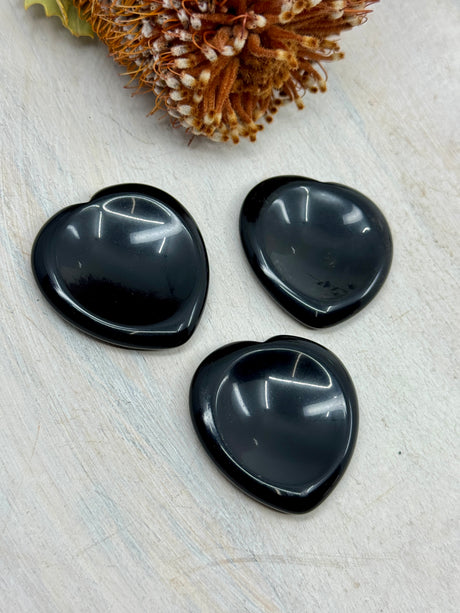 Black Obsidian heart worry stone 4x4cm with thumb indent – grounding protection crystal for stress relief and calm – Inspired By 3 Crystals Australia.