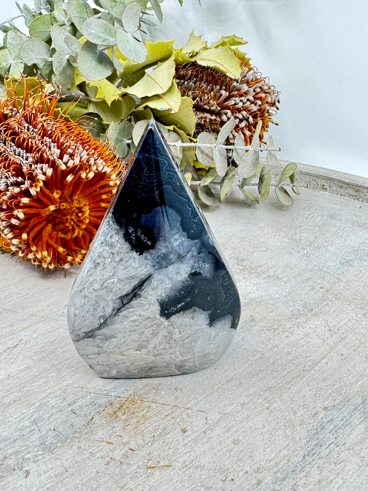 Black Banded Agate flame 169g 9x6cm – layered black and white grounding crystal for protection and strength – Inspired By 3 Crystals Australia.