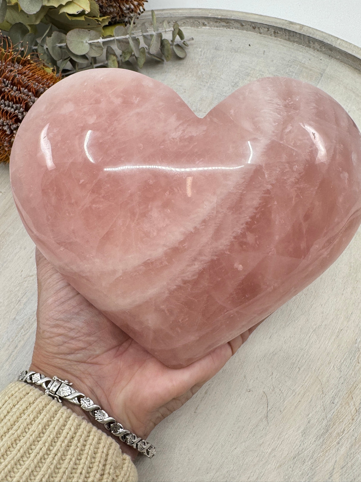 Large Rose Quartz Heart on Gold Stand 1.536kg (16x13cm) – Stone of Love, Healing & Compassion