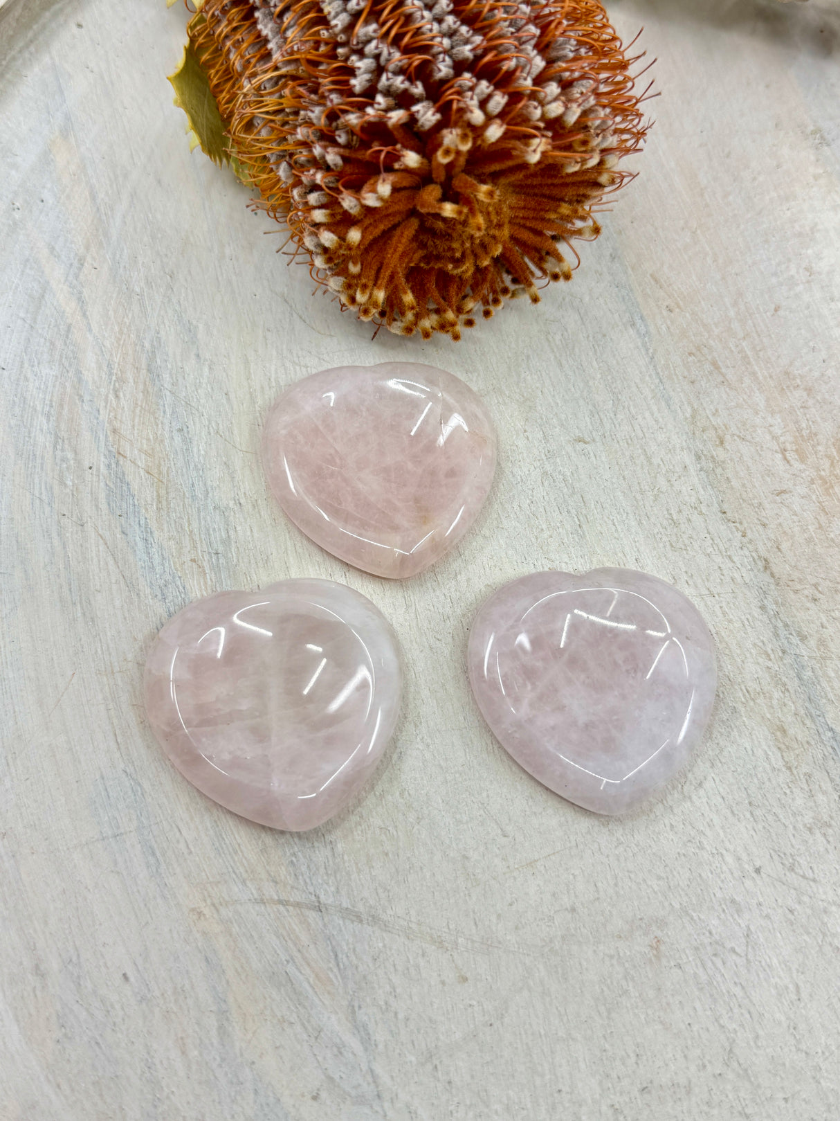 Rose Quartz heart worry stone 4x4cm with thumb indent – one piece – pink crystal for love, comfort and emotional healing – Inspired By 3 Crystals Australia.
