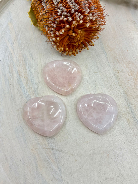 Rose Quartz heart worry stone 4x4cm with thumb indent – one piece – pink crystal for love, comfort and emotional healing – Inspired By 3 Crystals Australia.