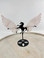 Rose Quartz unicorn wings carving on black stand – pink crystal display symbolising love, compassion and imagination – Inspired By 3 Crystals Australia.
