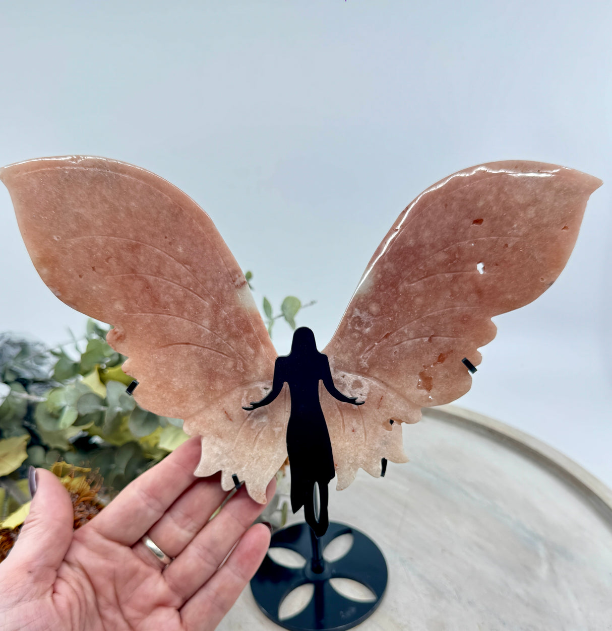 Pink Amethyst angel wings on black stand 524g – soft pink crystal for love, peace and divine protection – Inspired By 3 Crystals Australia.