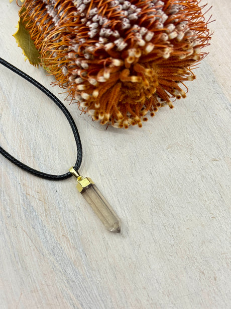 Smoky Quartz bullet pendant 3.5x1cm on black wax cord – brown crystal necklace for protection, grounding and transformation – Inspired By 3 Crystals Australia.