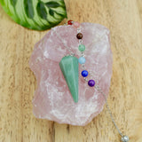 Green Aventurine crystal pendulum with chakra bead chain for luck abundance and heart chakra guidance