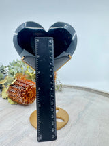 Black Obsidian Heart on Gold Stand 550g (12x10cm) – Stone of Strength, Grounding & Protection
