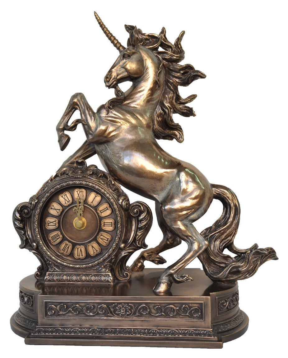 Cold cast bronze unicorn clock statue featuring a rearing unicorn beside an ornate vintage Roman numeral clock on a decorative base.