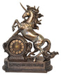 Cold cast bronze unicorn clock statue featuring a rearing unicorn beside an ornate vintage Roman numeral clock on a decorative base.