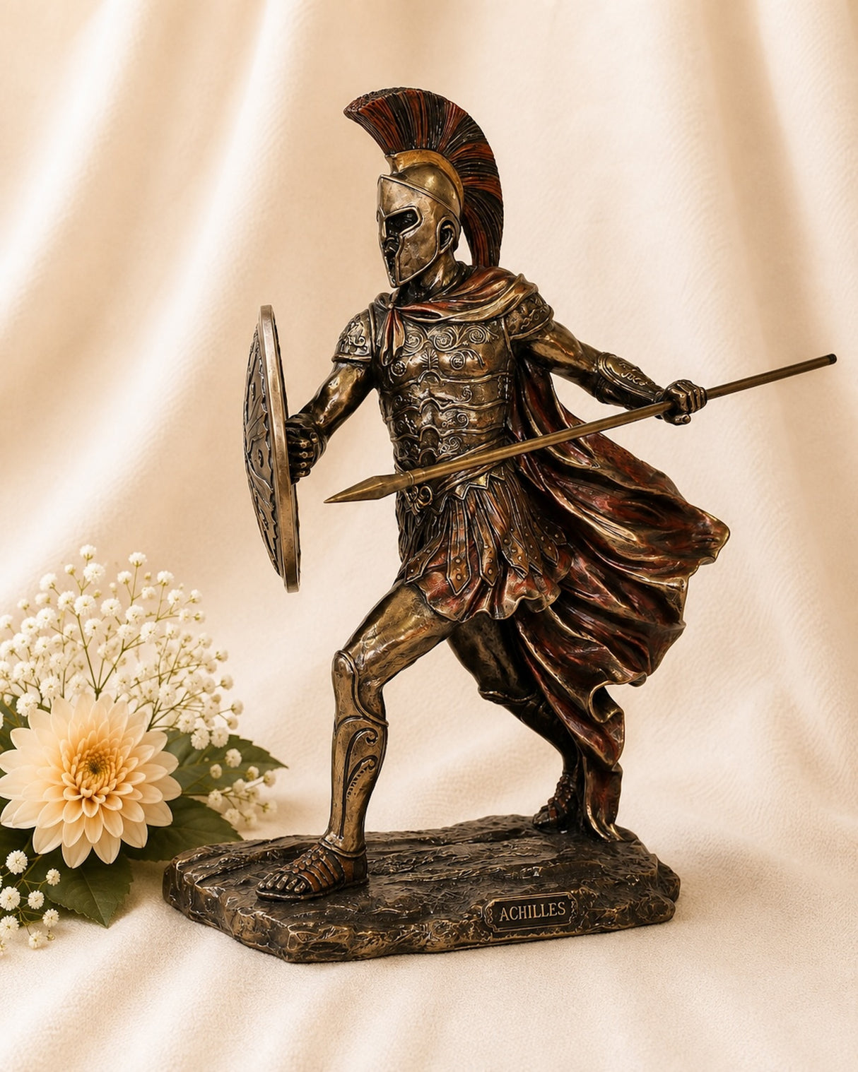 Cold Cast Bronze Achilles Statue depicting the legendary Greek warrior holding a spear and shield in full battle armour, measuring 29cm tall.