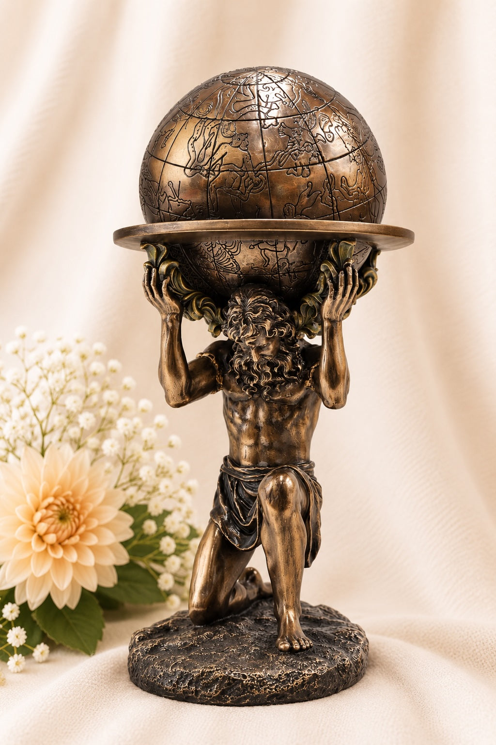 Cold Cast Bronze Atlas Carrying the World Statue featuring the Greek Titan supporting a detailed celestial globe, symbolising strength, endurance and responsibility, measuring 23.5cm tall.