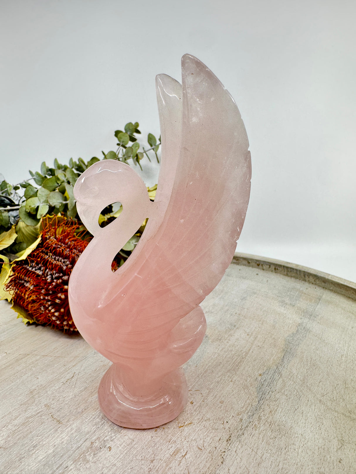 Rose Quartz swan carving 568g 18x8cm – soft pink crystal symbol of love, grace and emotional healing – Inspired By 3 Crystals Australia.