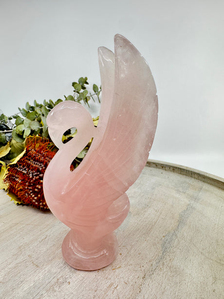 Rose Quartz swan carving 568g 18x8cm – soft pink crystal symbol of love, grace and emotional healing – Inspired By 3 Crystals Australia.