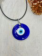 Handmade Evil Eye lampwork pendant 40x7mm platinum tone – glass protection amulet for luck, energy shielding and clarity – Inspired By 3 Crystals Australia.