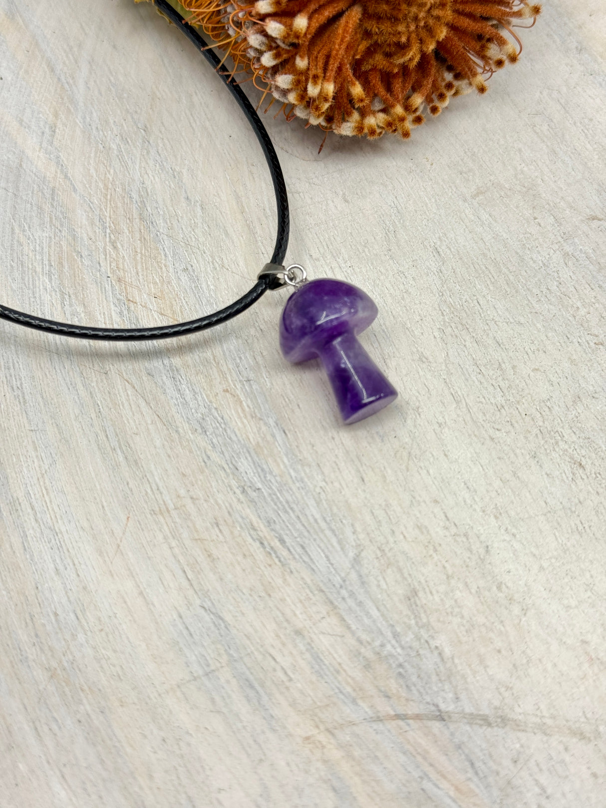 Amethyst mushroom pendant 3x1.5x1.5cm – purple crystal carving for calm, protection and spiritual growth – Inspired By 3 Crystals Australia.