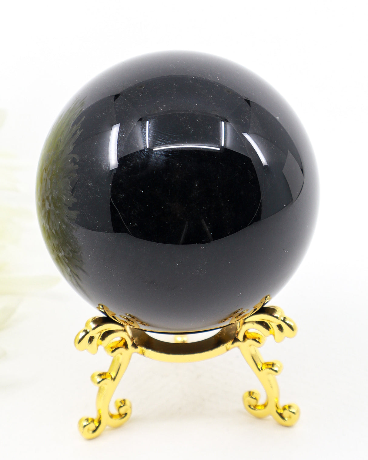 Natural Black Obsidian Sphere 342g with mirror polished finish for grounding, protection, meditation and spiritual healing.