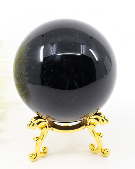 Natural Black Obsidian Sphere 342g with mirror polished finish for grounding, protection, meditation and spiritual healing.