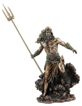 "Poseidon bronze statue holding trident – Greek God of the Sea and Storms, symbol of power, courage and oceanic mastery"