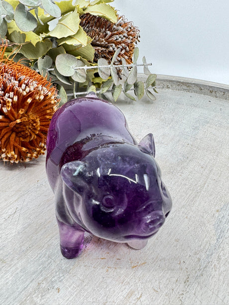 Purple Fluorite pig carving 431g 5x9.5cm – purple crystal symbol of intuition, clarity and abundance – Inspired By 3 Crystals Australia.