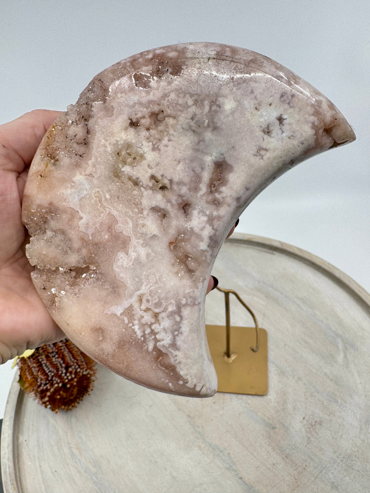 Pink Amethyst Moon Carving 1.102kg (20.5cm with stand) – Stone of Peace, Love & Divine Feminine Energy