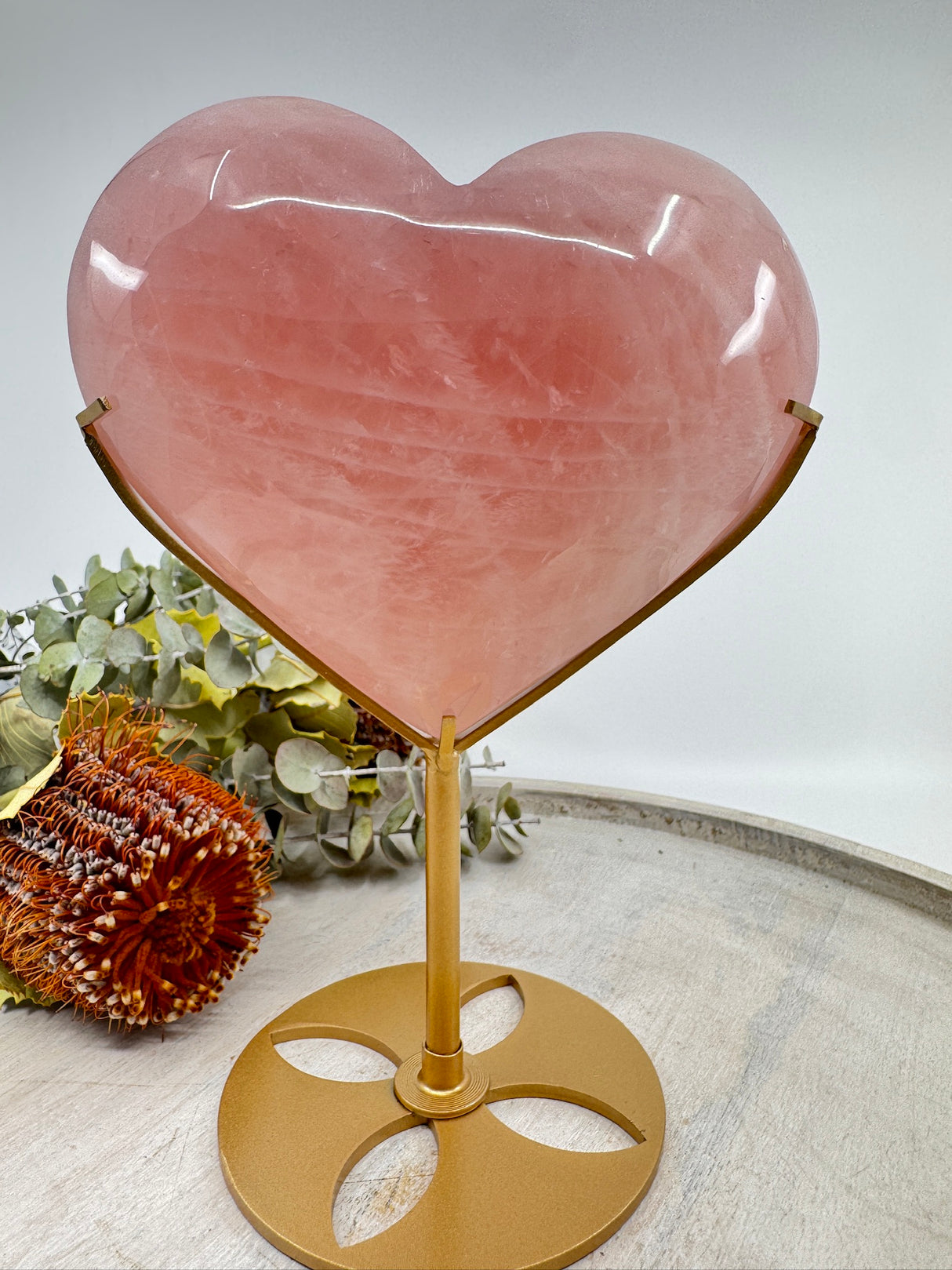Large Rose Quartz heart on gold stand 1.536kg 16x13cm – deep pink crystal symbol of love, healing and compassion – Inspired By 3 Crystals Australia.