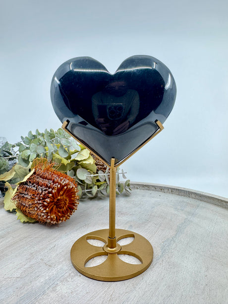 Black Obsidian Heart on Gold Stand 550g (12x10cm) – Stone of Strength, Grounding & Protection