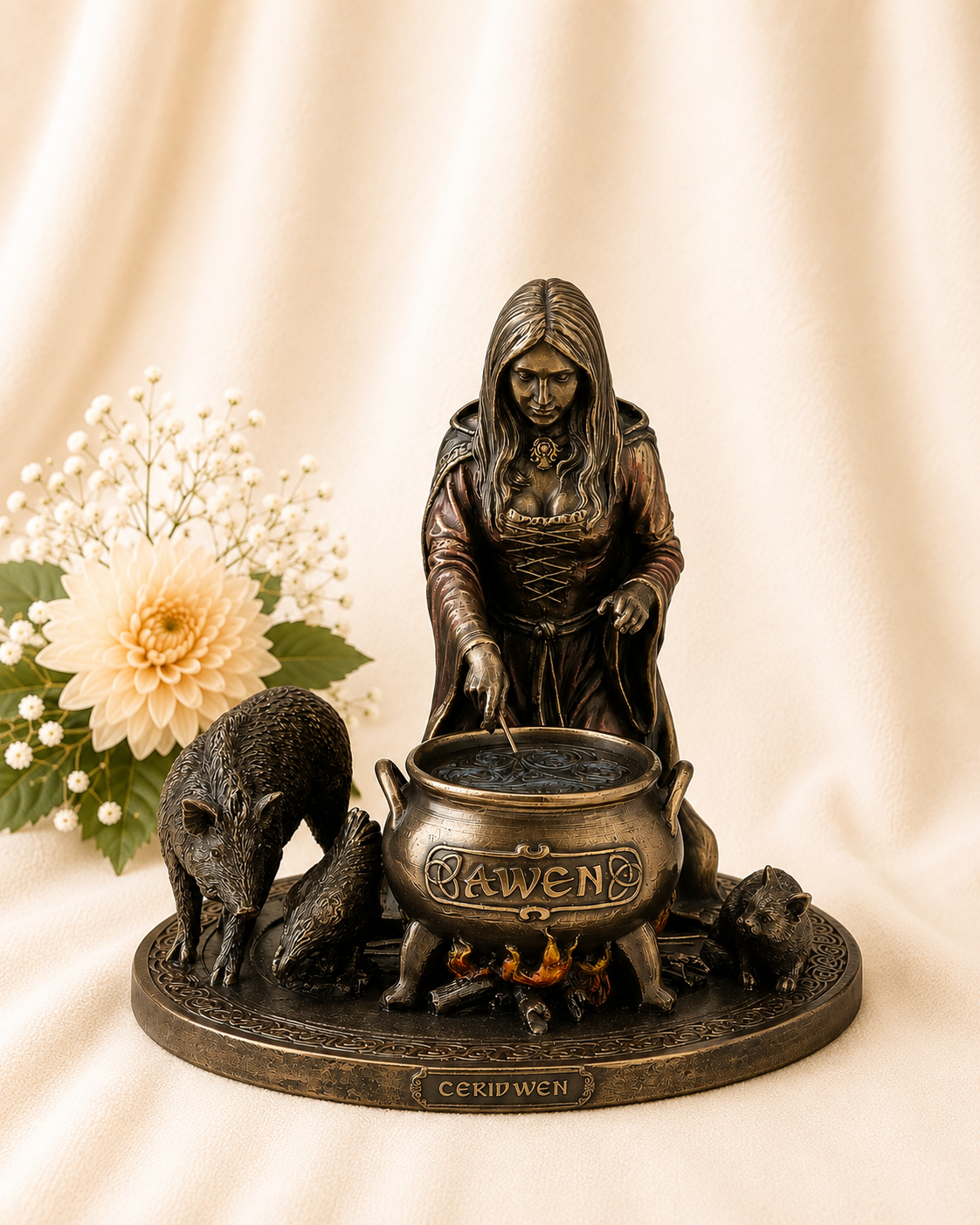 Cold Cast Bronze Cerridwen Statue depicting the Welsh Goddess of wisdom, transformation and the sacred Cauldron of Awen, measuring 16cm tall.