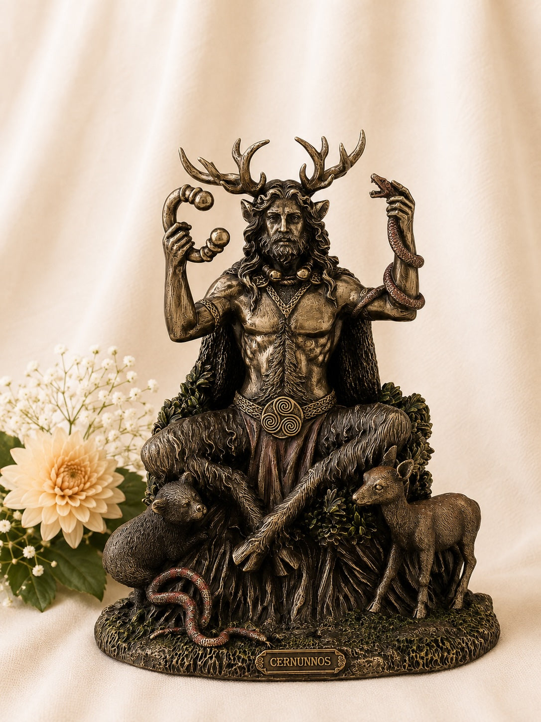 Cold Cast Bronze Cernunnos Statue depicting the Celtic Horned God of nature, wildlife, fertility and abundance, measuring 23cm tall.