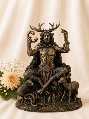 Cold Cast Bronze Cernunnos Statue depicting the Celtic Horned God of nature, wildlife, fertility and abundance, measuring 23cm tall.