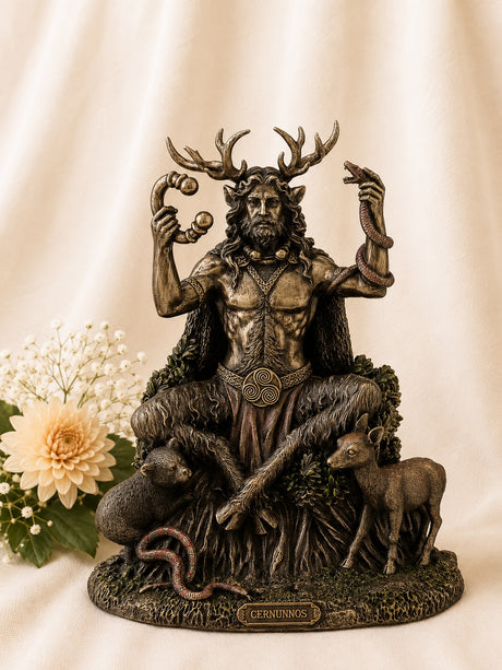 Cold Cast Bronze Cernunnos Statue depicting the Celtic Horned God of nature, wildlife, fertility and abundance, measuring 23cm tall.