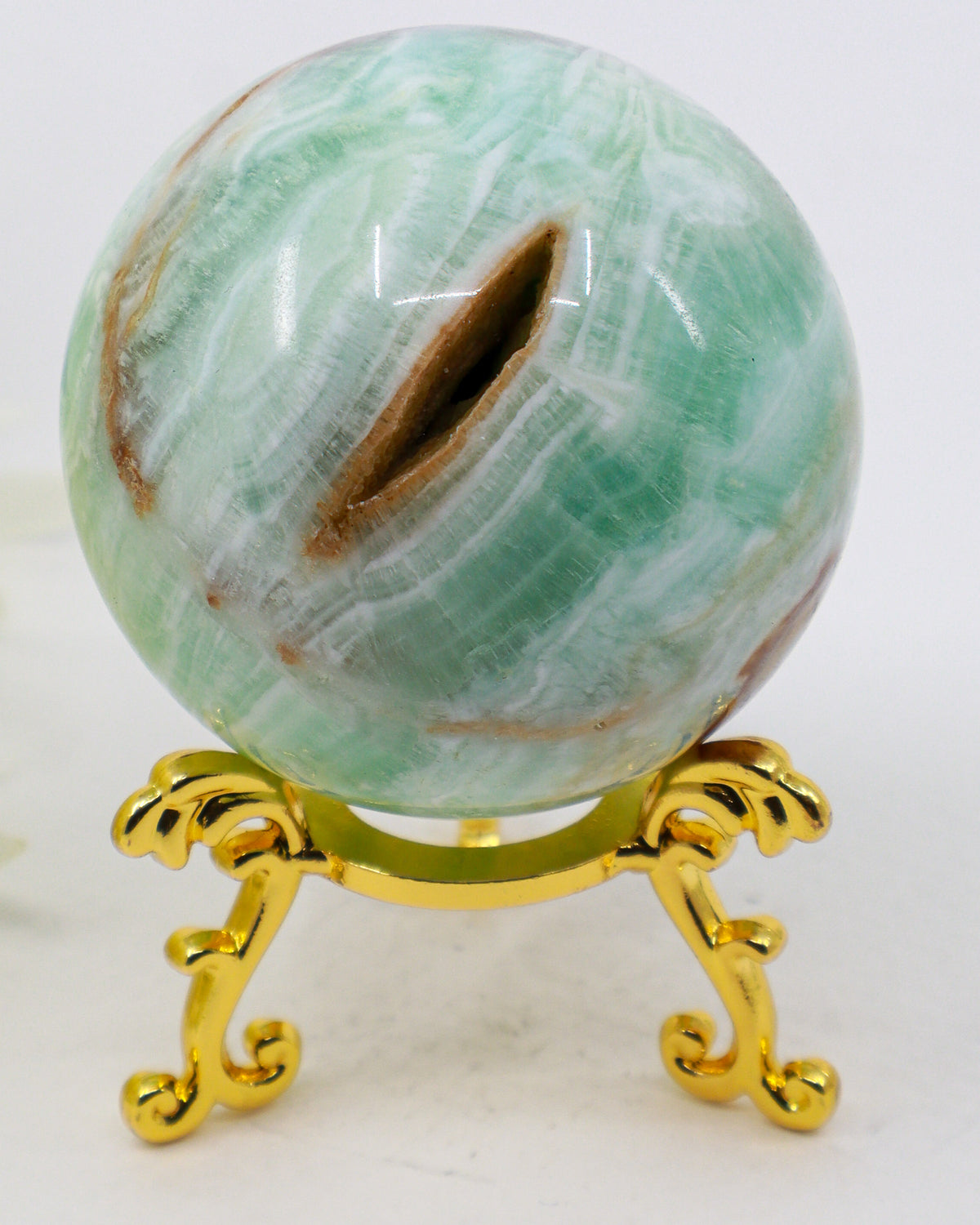 Tidal Sanctuary Caribbean Calcite sphere 276g with seafoam aqua banding Aragonite formations and natural cavity