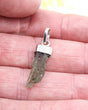 Natural Czech Moldavite pendant in sterling silver featuring a raw elongated green Moldavite crystal with authentic texture and transformational energy.