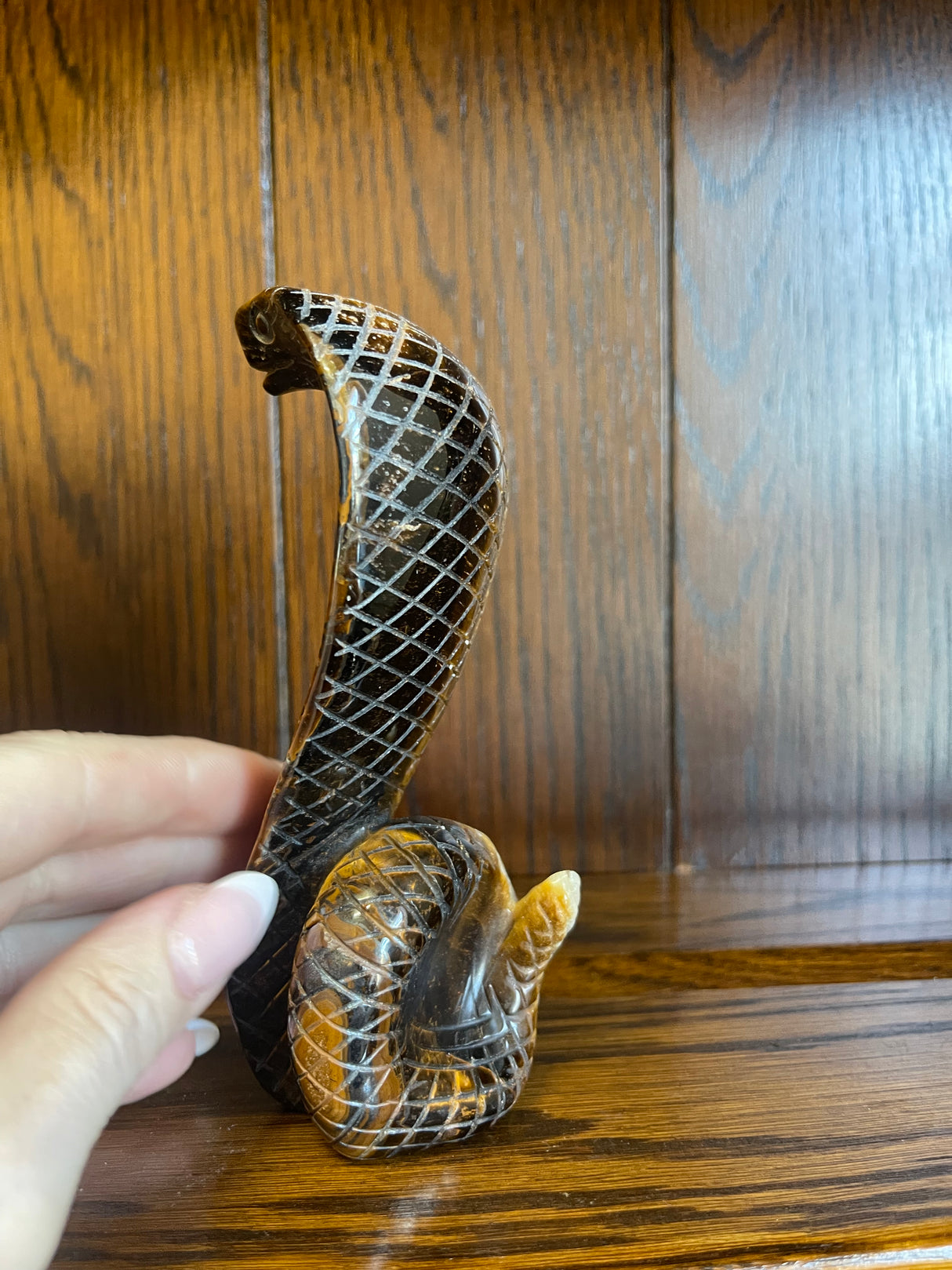 Tiger Eye Snake Carving 318g- Willpower. Courage. Manifestation.