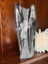 Hand-carved Orthoceras fossil tower, black and grey fossil crystal for grounding energy and connection to ancient wisdom.