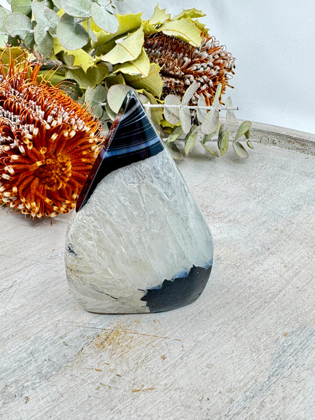 Black Banded Agate flame 175g 9x6cm – layered black and white grounding crystal for protection and balance – Inspired By 3 Crystals Australia.