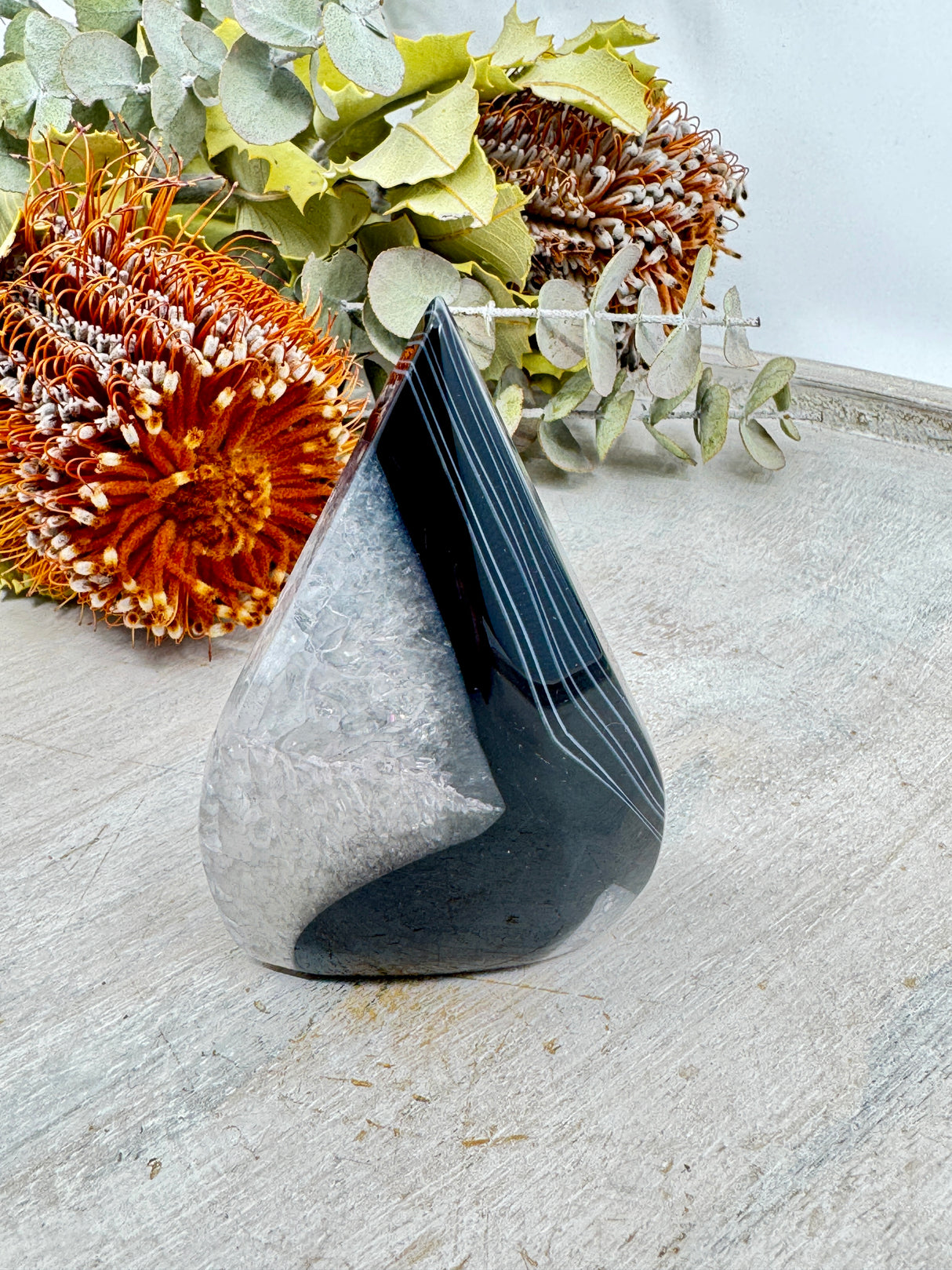 Black Banded Agate flame 171g 8.5x6cm – layered black and white grounding crystal for balance and protection – Inspired By 3 Crystals Australia.