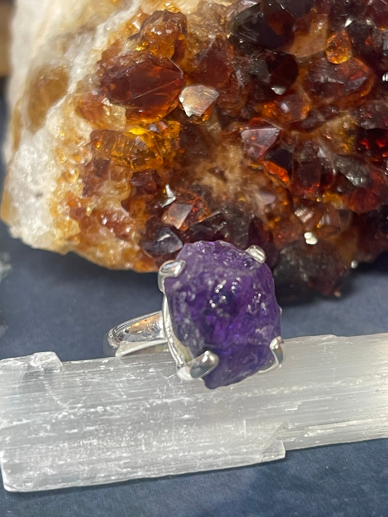 Amethyst Unpolished Silver Ring Size 10 #1 - “I trust my intuition and allow it to guide me each day”