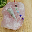 Labradorite crystal pendulum with chakra bead chain showing blue flash for intuition and psychic protection