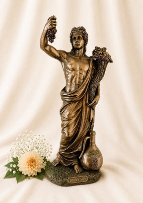 Cold Cast Bronze Dionysus Statue depicting the Greek God of Wine holding grapes and a cornucopia, symbolising abundance, celebration and creativity, measuring 34cm tall.