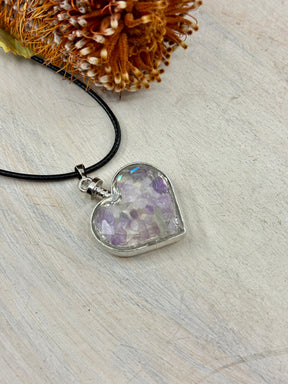 Amethyst heart bottle pendant 40x32x11mm glass with platinum-plated alloy – filled with purple crystal chips for calm, clarity and protection – Inspired By 3 Crystals Australia.