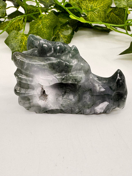 Moss Agate Dragon Head Carving – Earth Magic, Strength and Elemental Wisdom