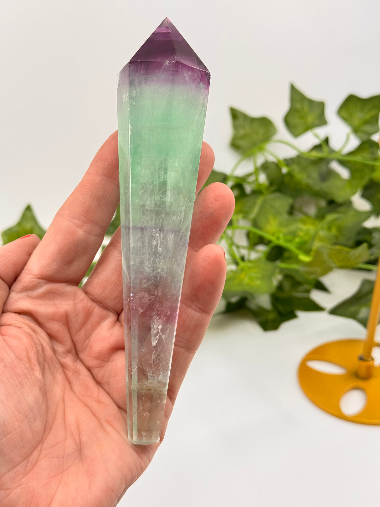 Rainbow Fluorite Wand 177g with Gold Stand – Beacon of Alignment, Insight and Divine Order