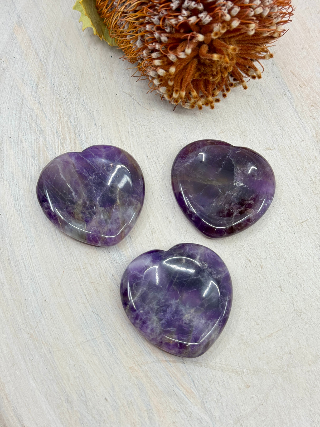 Amethyst heart worry stone 4x4cm with thumb indent – one piece – purple crystal for calm, protection and spiritual clarity – Inspired By 3 Crystals Australia.