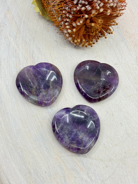 Amethyst heart worry stone 4x4cm with thumb indent – one piece – purple crystal for calm, protection and spiritual clarity – Inspired By 3 Crystals Australia.
