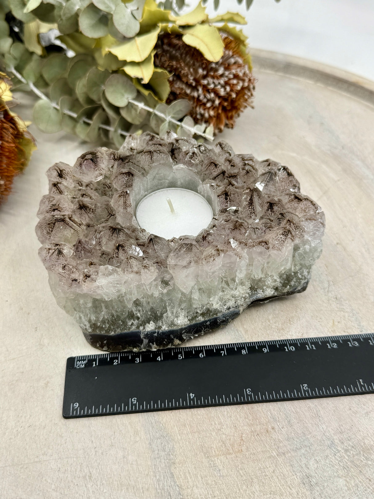 Smoky Amethyst with Goethite Inclusions Tea Light Candle Holder 1.031kg (18cm) – Stone of Protection, Transformation & Spiritual Light